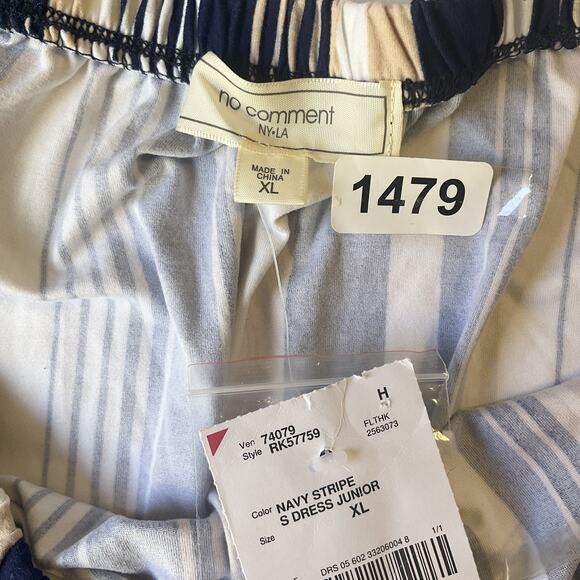 No Comment NY-LA Women Mini Dress XL Navy Striped Shift 3/4 Sleeve Off Shoulder - Picture 2 of 9